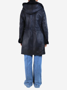 Fratelli Rossetti Navy blue leather hooded duffle coat - size UK 10