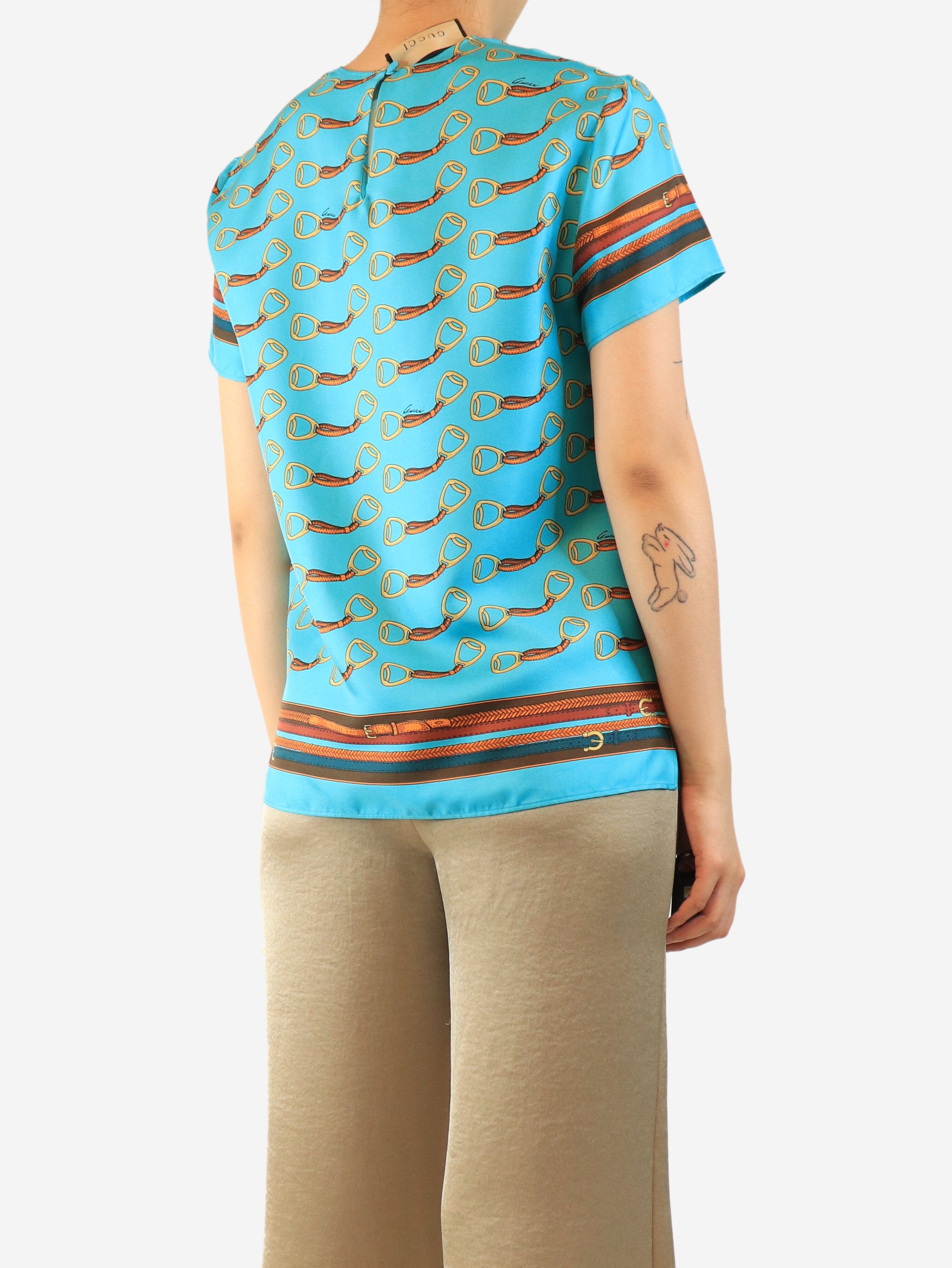 Turquoise silk printed top - size UK 8 Tops Gucci 
