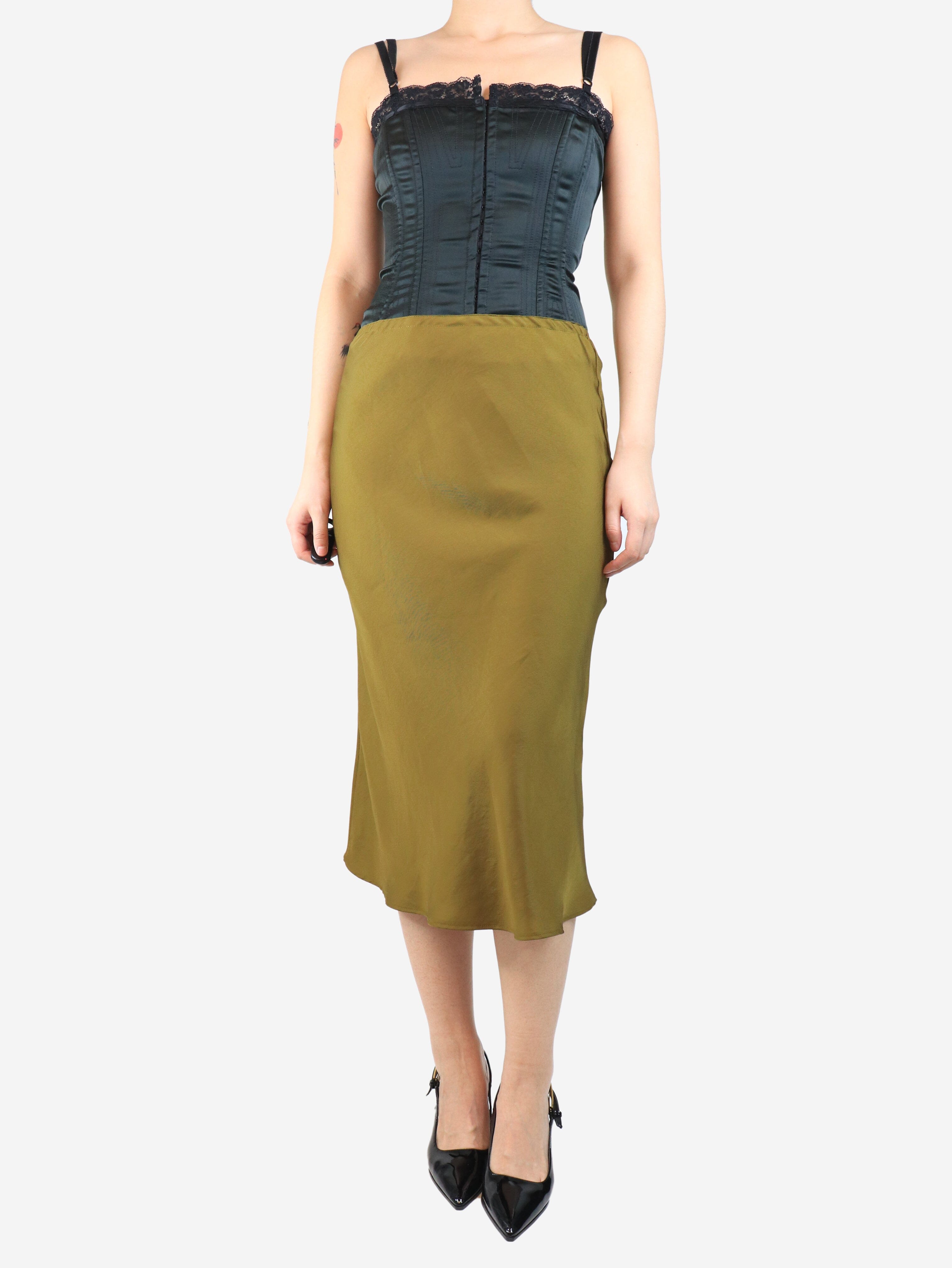 Khaki satin midi skirt - size UK 8 Skirts Soeur 
