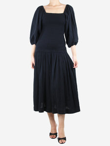 Rhode Black puff-sleeved shirred midi dress - size M