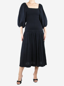 Rhode Black puff-sleeved shirred midi dress - size M