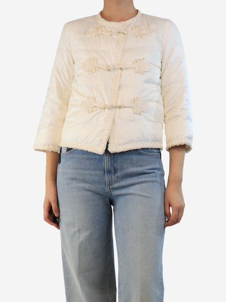 Cream puffer jacket with raffia trim - size UK 8 product image
