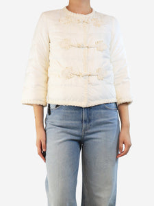 Ermanno Scervino Cream puffer jacket with raffia trim - size UK 8