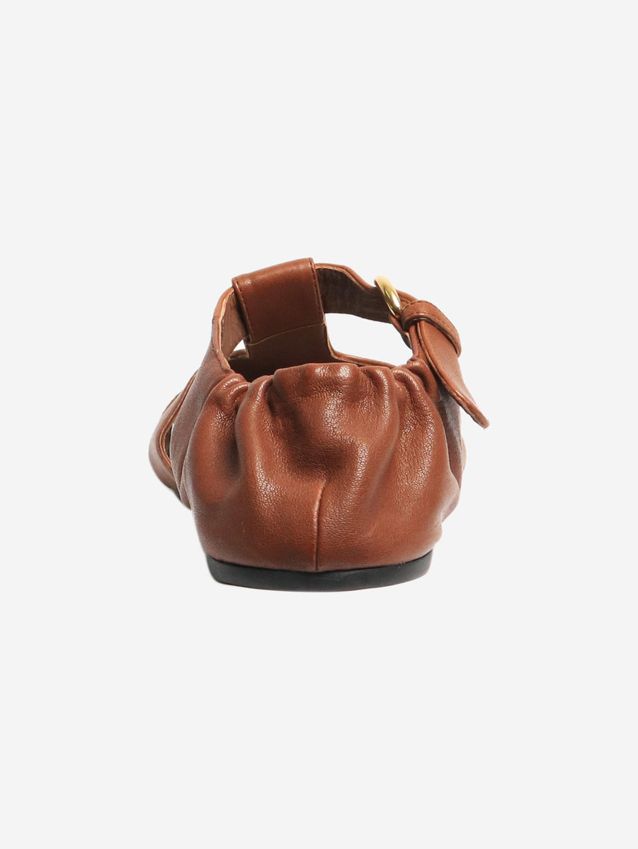 MIUMIU 26S RUCHES FISHERMAN SANDALS IN DARK BROWN CALFSKIN GOLD HARDWARE