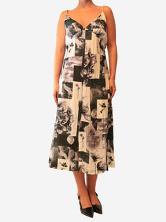 Grey moon and flower print midi dress - size UK 10