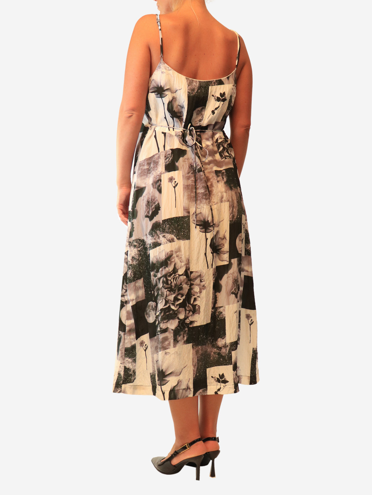 Grey moon and flower print midi dress - size UK 10