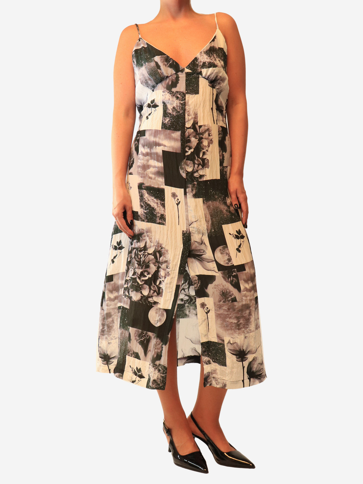 Grey moon and flower print midi dress - size UK 10