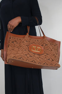 Valentino Brown crochet and leather VLogo Escape tote bag