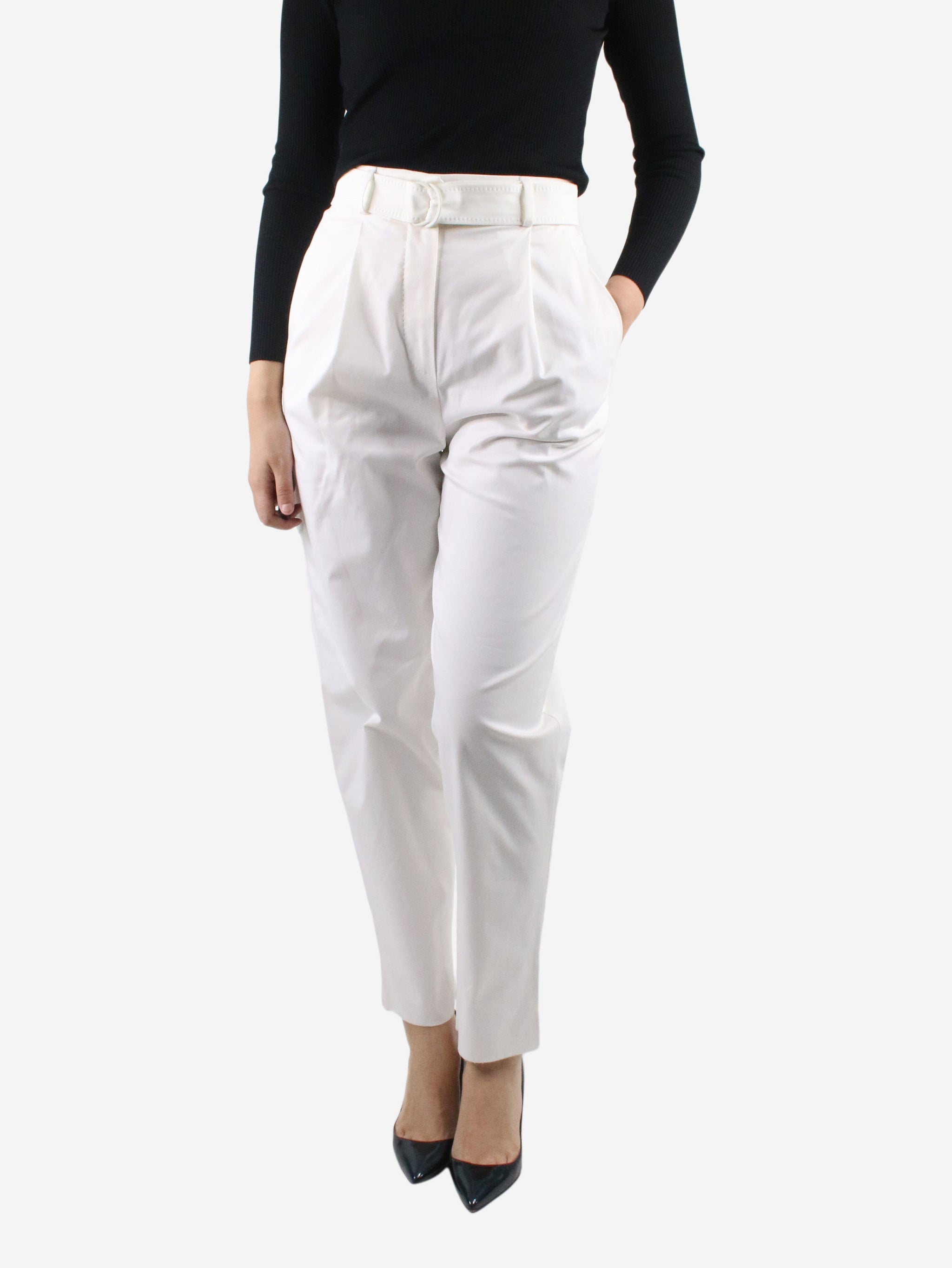 White high store waisted belted trousers