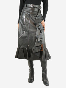 Alexander McQueen Black leather ruffled midi skirt - size UK 8