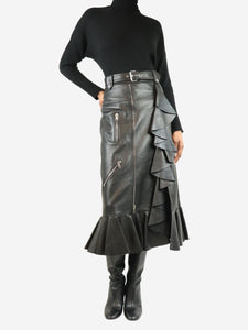 Alexander McQueen Black leather ruffled midi skirt - size UK 8