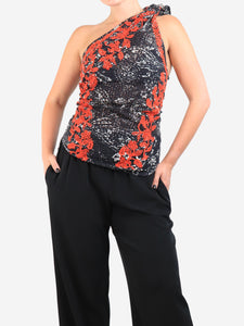 Isabel Marant Black and red lace embroidered on-shoudler top - size UK 8