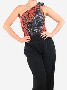 Isabel Marant Black and red lace embroidered on-shoudler top - size UK 8