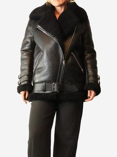 Shearling leather black jacket - size UK 8