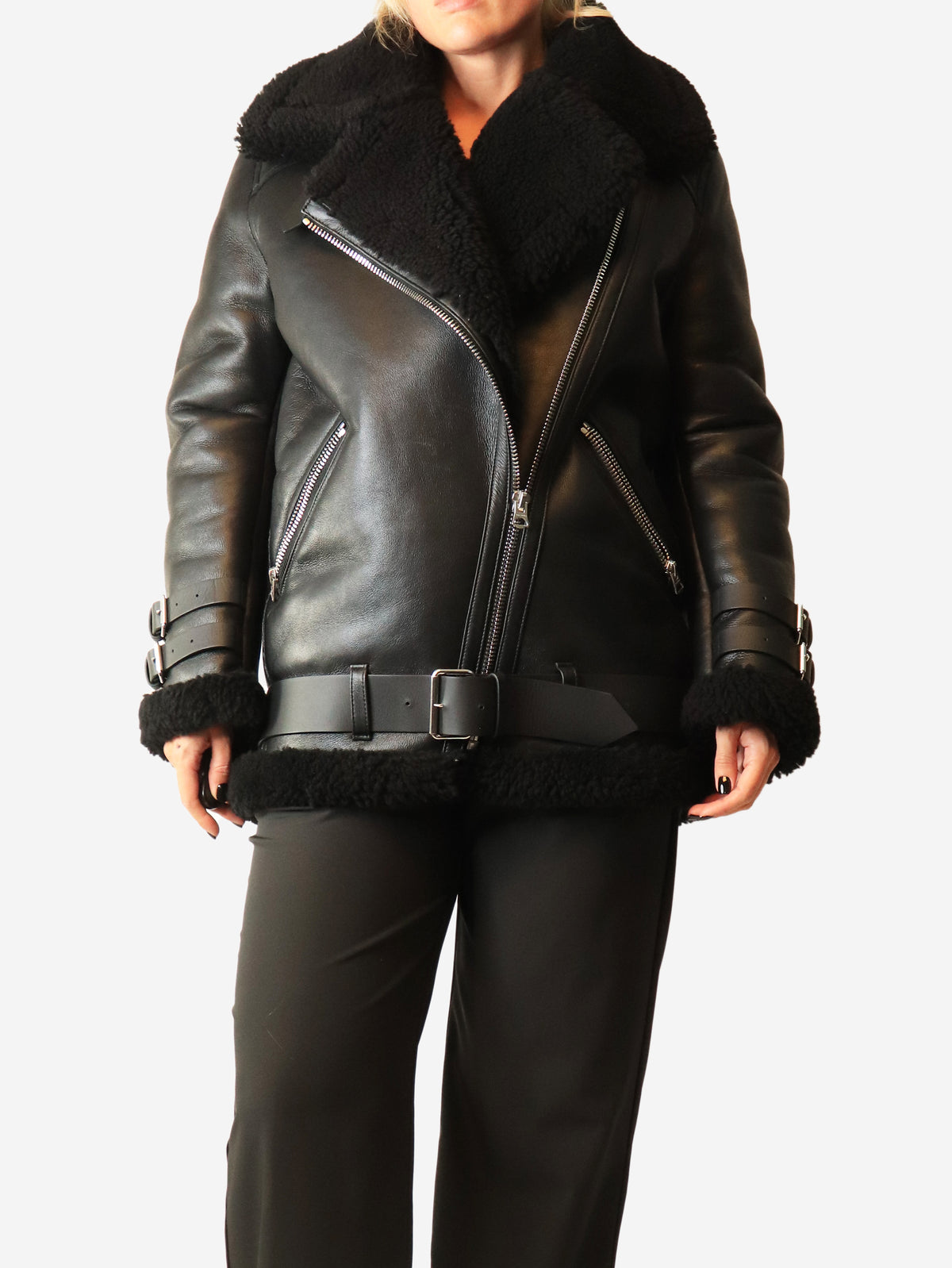 Shearling leather black jacket - size UK 8