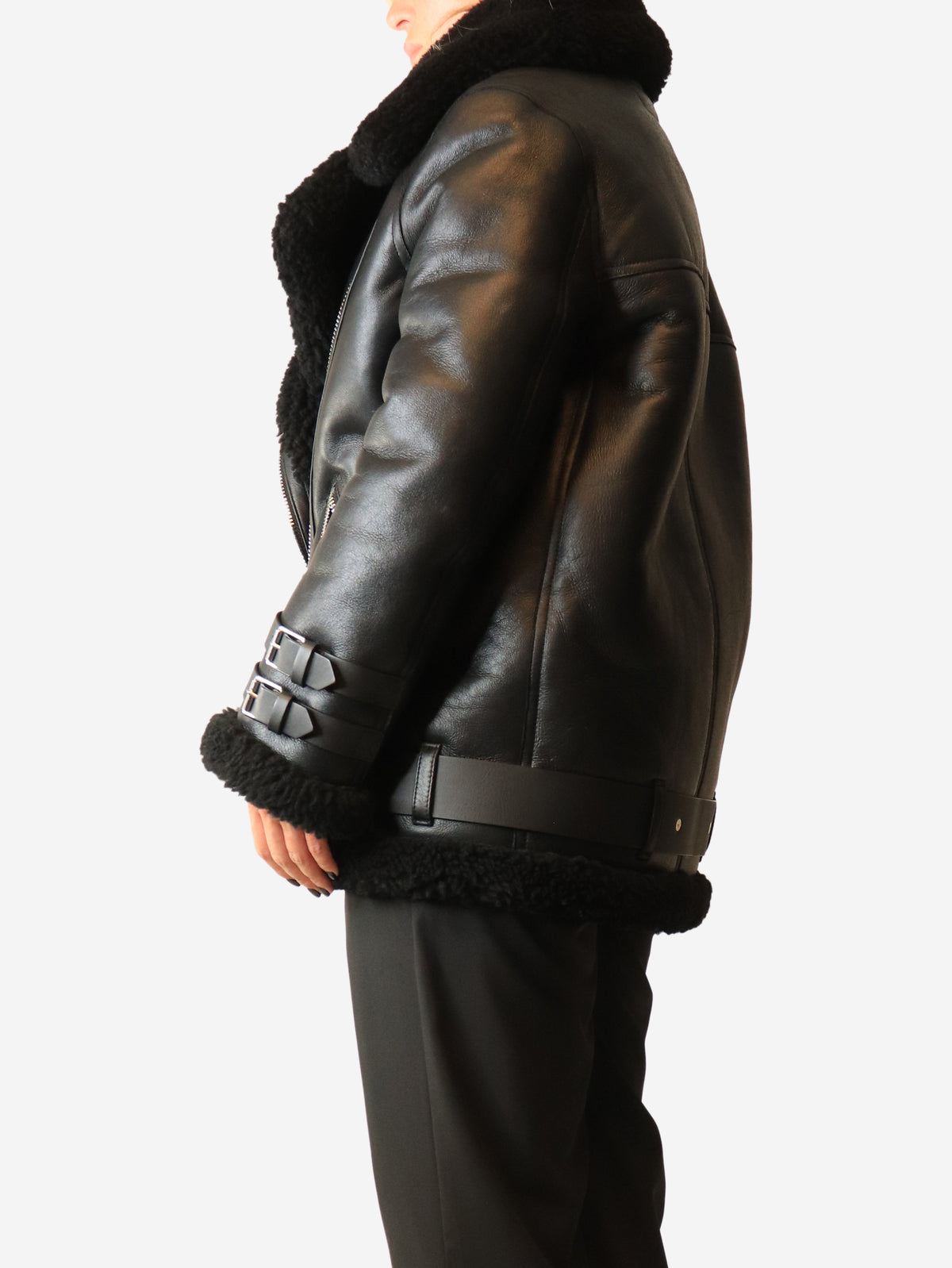 Shearling leather black jacket - size UK 8