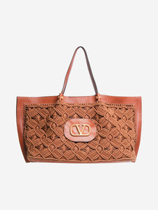 Valentino Brown crochet and leather VLogo Escape tote bag