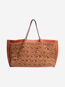 Valentino Brown crochet and leather VLogo Escape tote bag