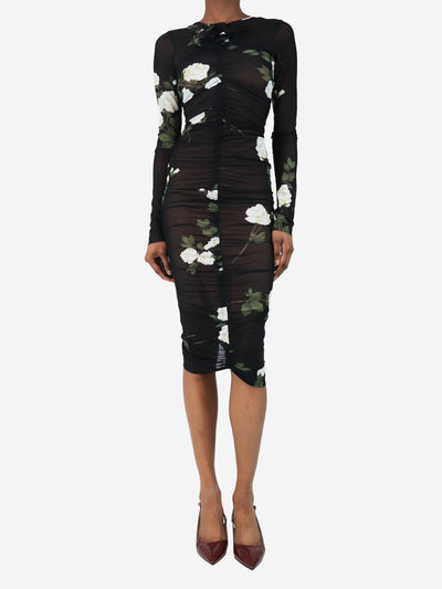Black floral ruched mesh midi dress - size UK 6 Dresses Magda Butrym 