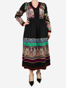 Etro Black printed dress with green frills - size UK 14