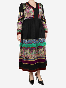 Etro Black printed dress with green frills - size UK 14