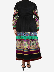 Etro Black printed dress with green frills - size UK 14