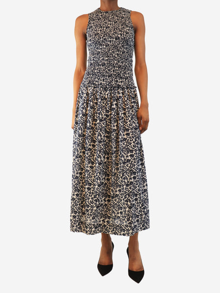 Navy and white sleeveless shirred floral dress - size S product image