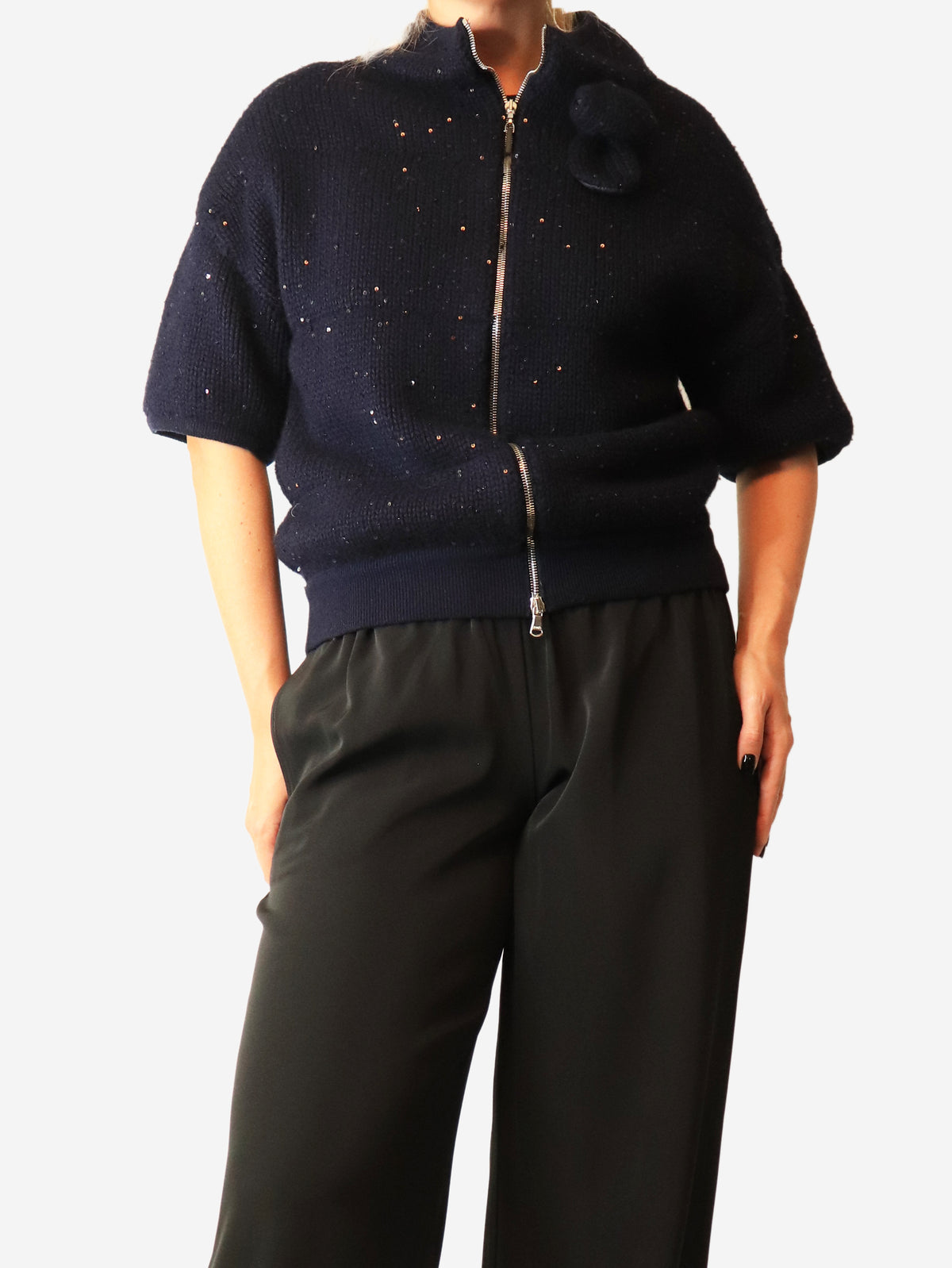Navy embellished zip-up cardigan - size M