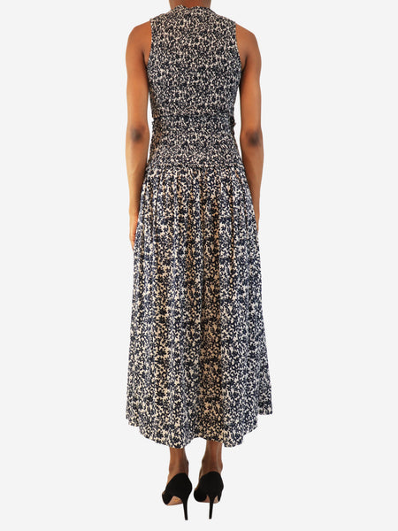 Navy and white sleeveless shirred floral dress - size S alternate image