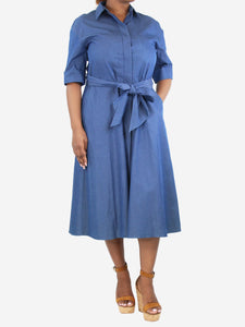 Loro Piana Blue belted cotton midi shirt dress - size UK 12