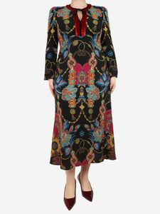 Etro Multi printed dress with red velvet trim - size UK 12