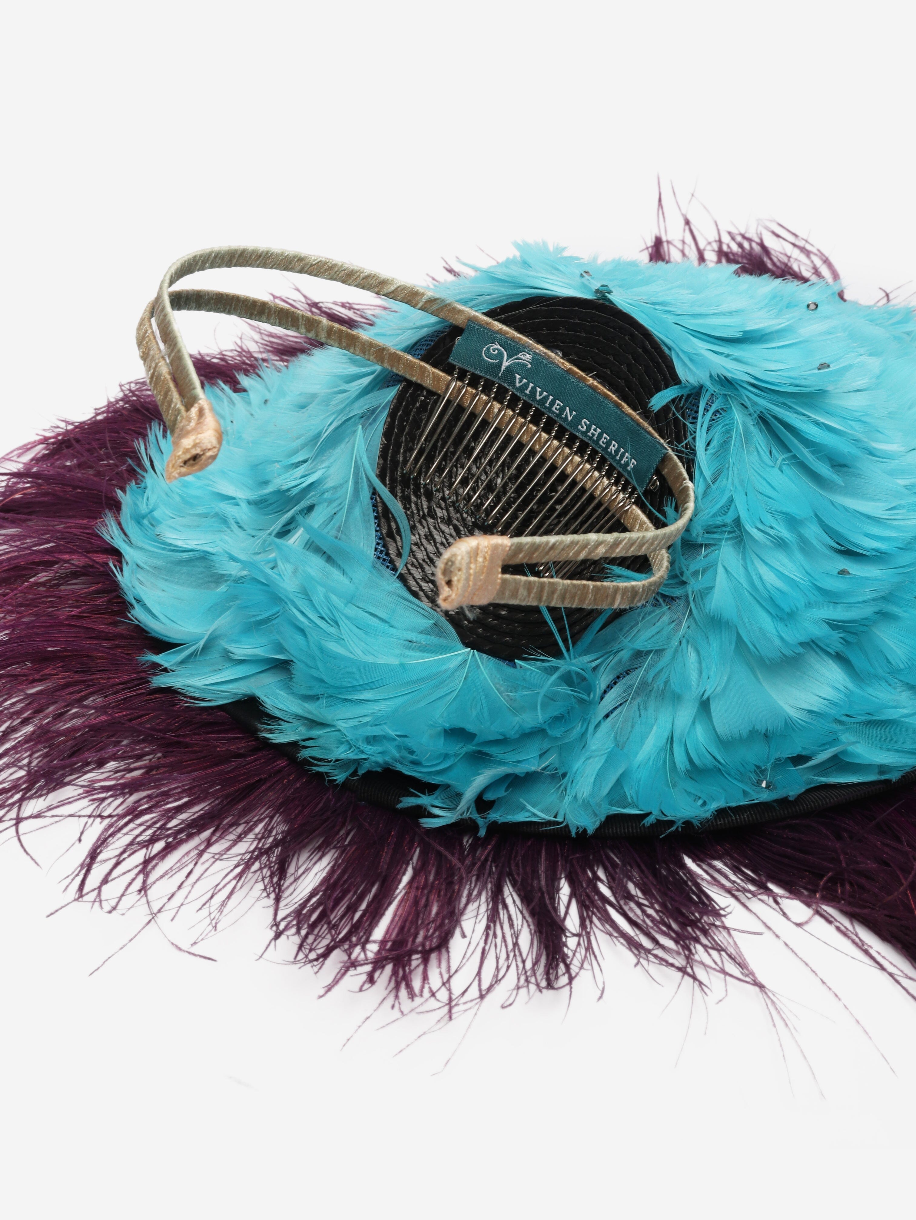 Purple Peacock feather fascinator Hats Vivien Sheriff 