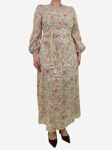 Zimmermann Cream floral broderie-anglaise belted midi dress - size UK 12