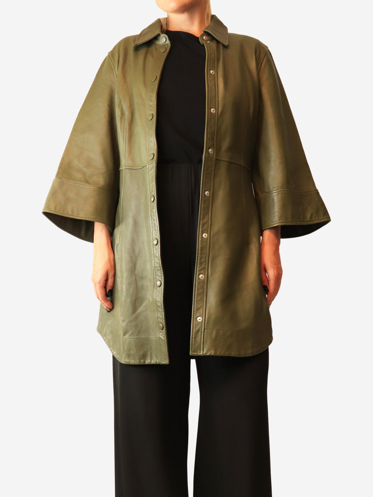 Green leather coat - size UK 10