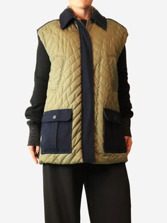 Khaki and navy contrast-panel quilted vest - size UK 10