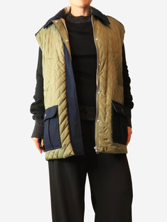 Khaki and navy contrast-panel quilted vest - size UK 10