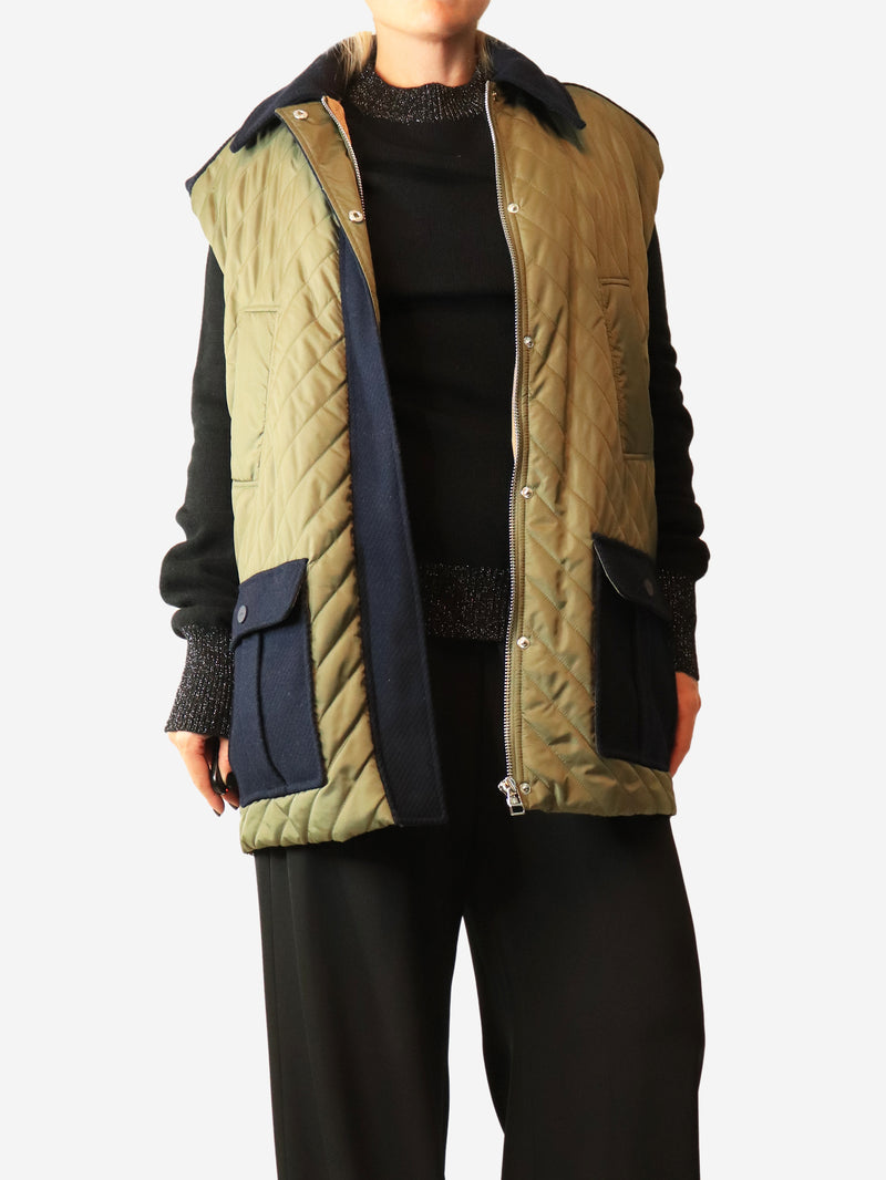 Khaki and navy contrast-panel quilted vest - size UK 10