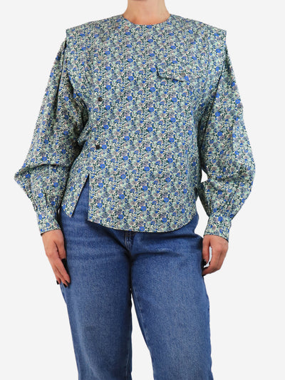 Green and blue floral cotton blouse - size UK 8
