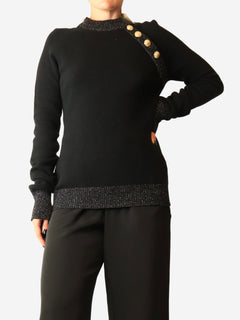Black wool lurex jumper with gold buttons - size UK 10
