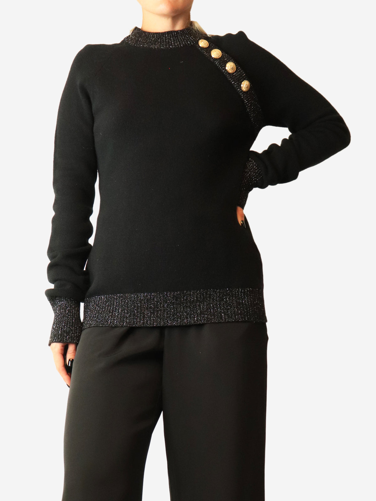 Black wool lurex jumper with gold buttons - size UK 10