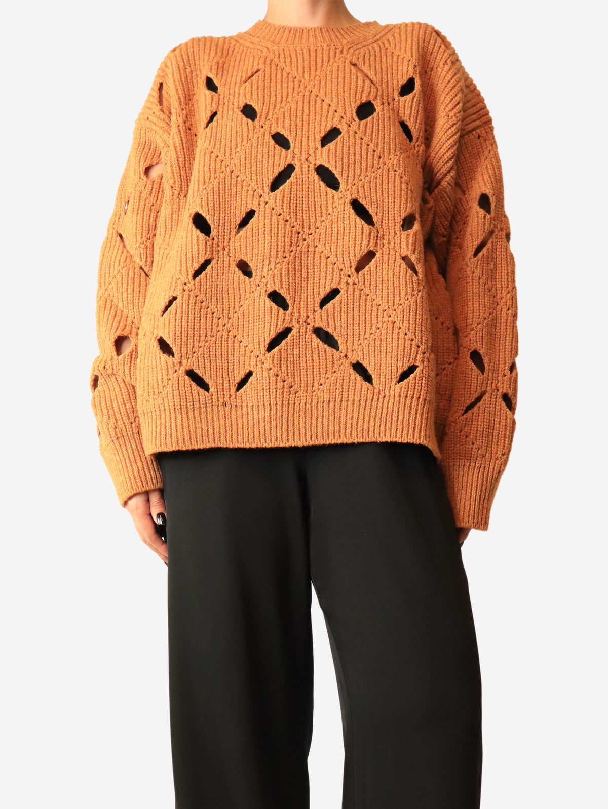 Cognac hemstitched diamond sweater - size M