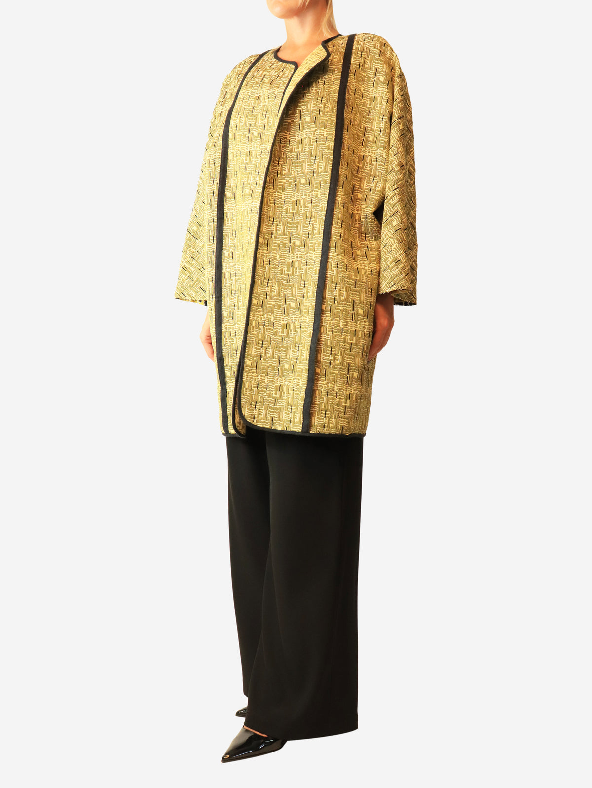 Khaki and yellow jacquard coat - size UK 10