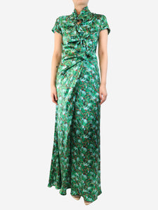 Saloni Green floral silk maxi dress - size UK 10