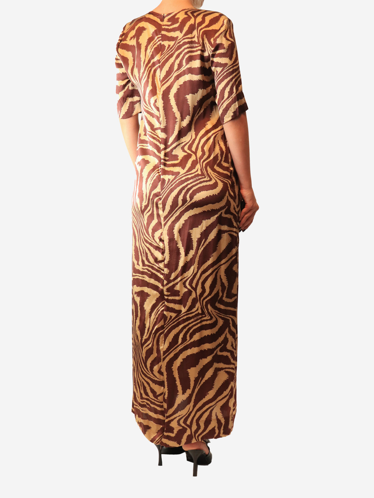 Brown satin zebra print maxi dress - size UK 10