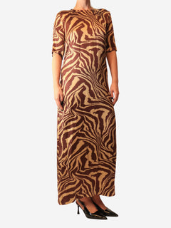 Brown satin zebra print maxi dress - size UK 10