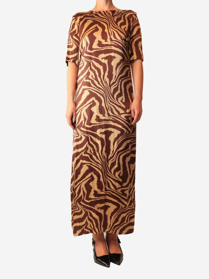 Brown satin zebra print maxi dress - size UK 10