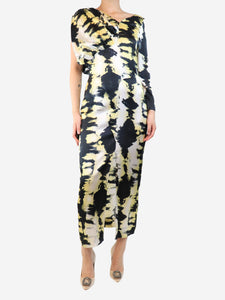 Ganni Black and yellow tie dye printed midi dress - size UK 8