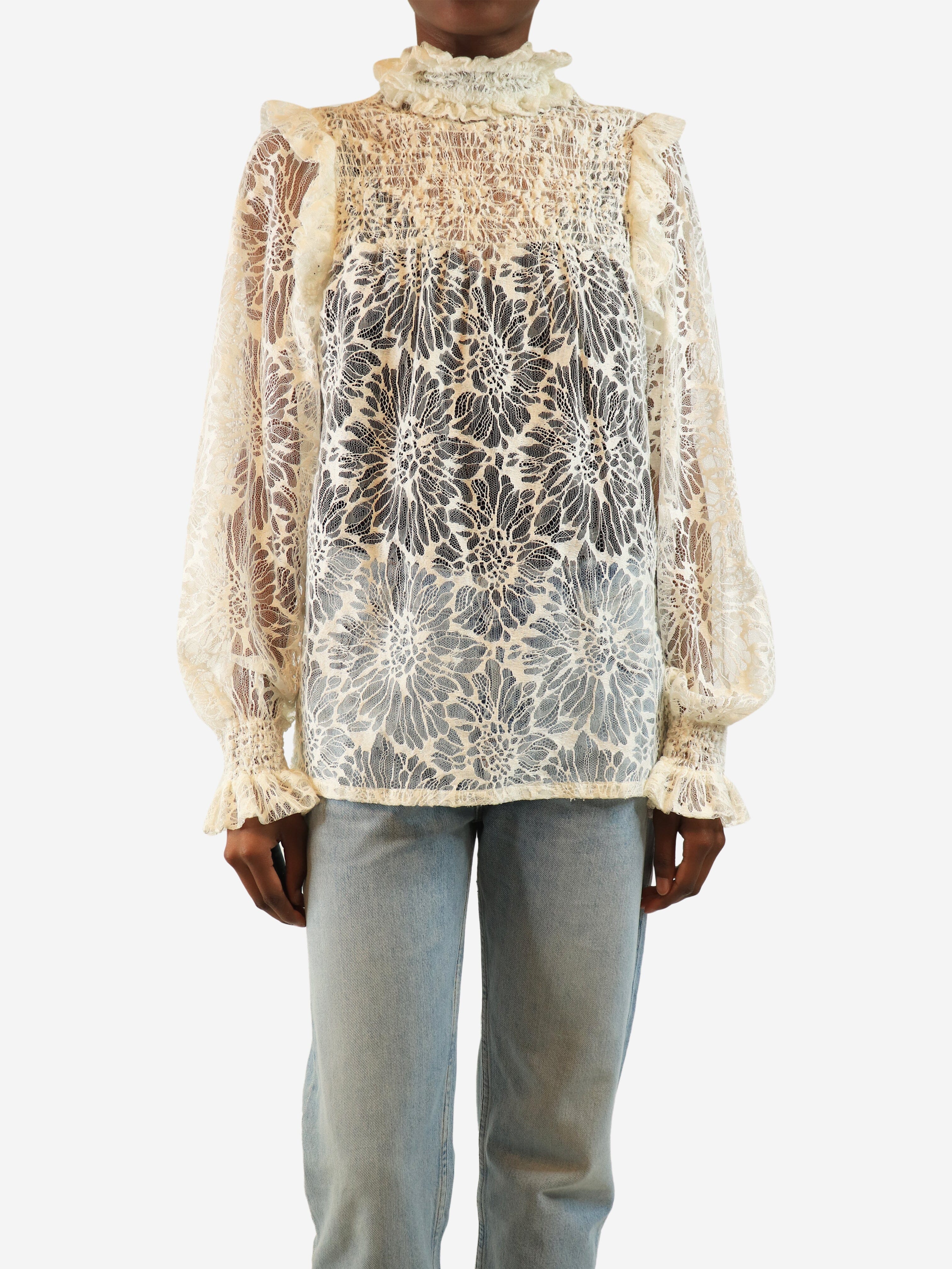 White lace high-neck ruffle blouse - size UK 8 Tops Saint Laurent 