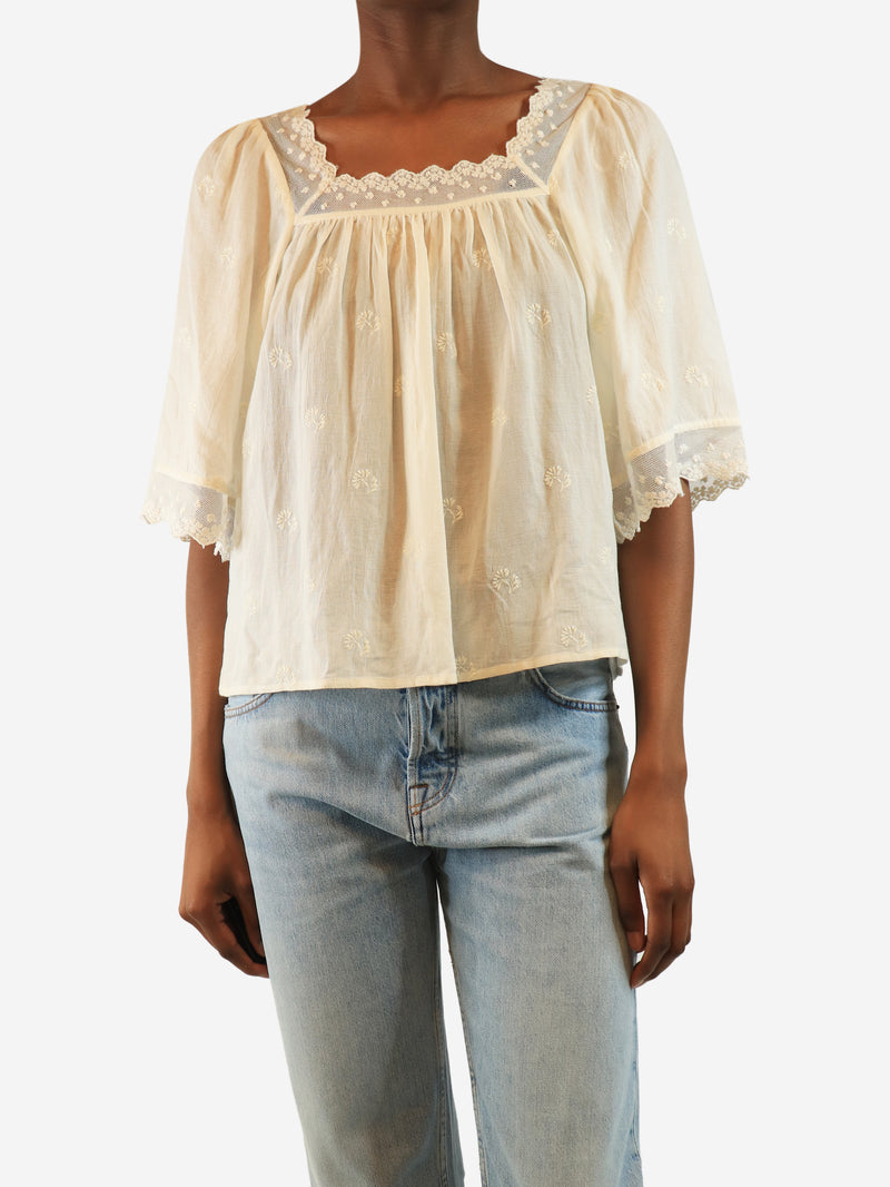 Cream lace-trim milkmaid top - size UK 6