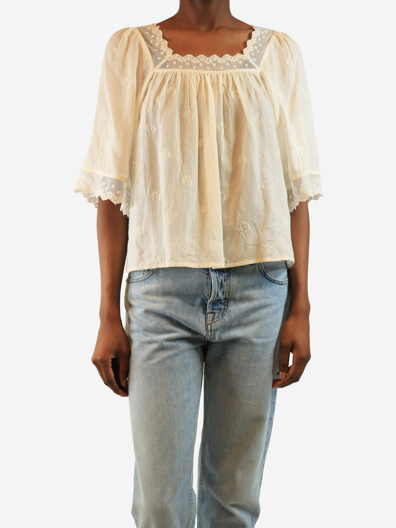 Cream lace-trim milkmaid top - size UK 6